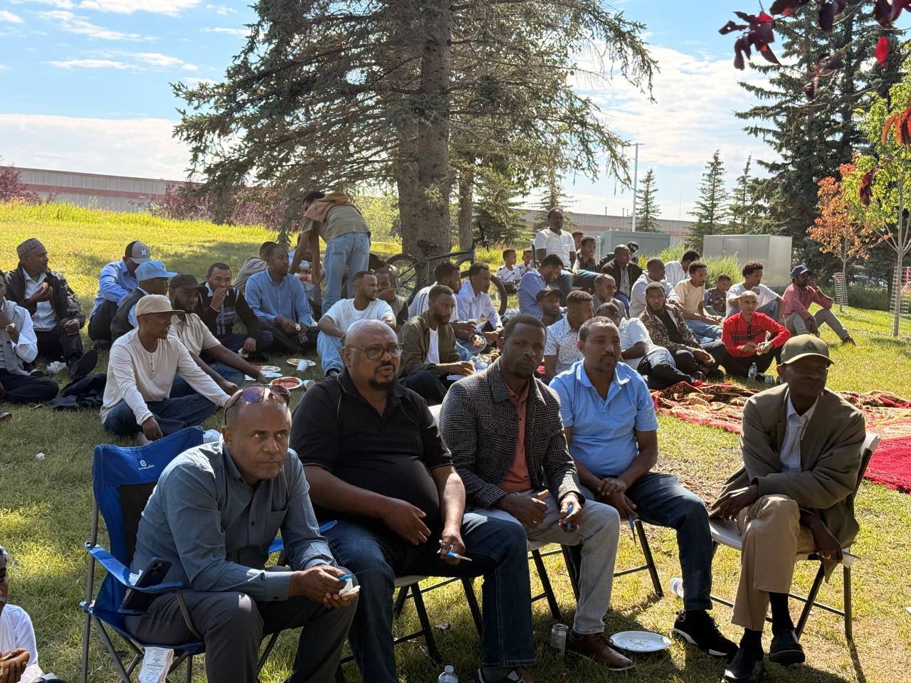 Large community gathering under trees outdoors