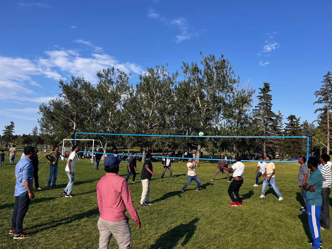 Group playing volleyball in a park